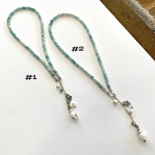 Charger l'image dans la galerie, Light shaded blue Amazonite beaded necklace, Heart, pearl and seashell charms. Sterling Silver, 16"inches long