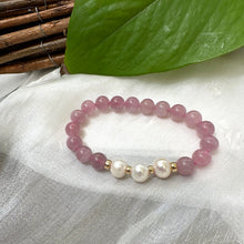 Load image into Gallery viewer, Rose Quartz Pearl Bracelet on white cloth – single bracelet detailed shot