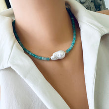 Load image into Gallery viewer, Amazonite baroque pearl necklace worn at collarbone with blue amazonite beads and freshwater pearl