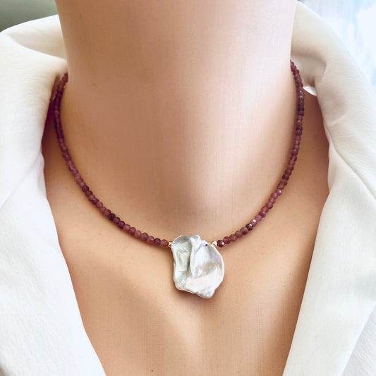 Pink tourmaline keshi pearl choker necklace worn on model with natural pearl centerpiece
