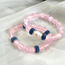 Load image into Gallery viewer, Pink jade bracelet featuring natural 10mm pink jade beads, a freshwater pearl, and rhinestone accents.