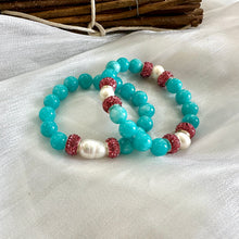 Load image into Gallery viewer, Teal jade bracelet with pearls and pink rhinestone accents, handmade jewelry for vibrant style and elegance.