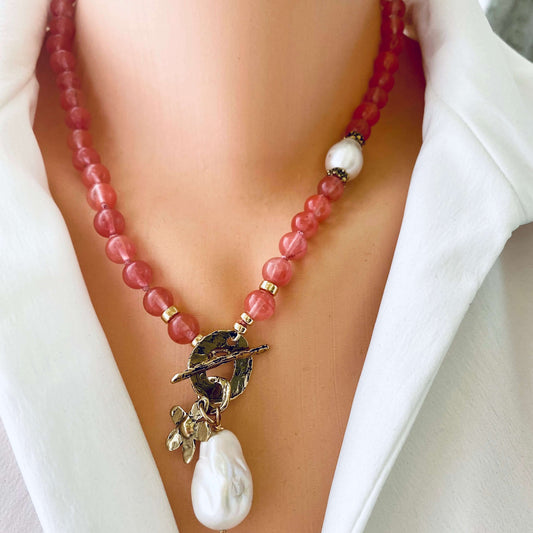 Cherry Quartz & Baroque Pearls Necklace