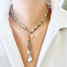 Charger l'image dans la galerie, Light shaded blue Amazonite beaded necklace, Heart, pearl and seashell charms. Sterling Silver, 16"inches long