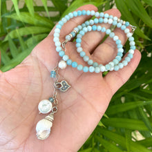 Charger l'image dans la galerie, Light shaded blue Amazonite beaded necklace, Heart, pearl and seashell charms. Sterling Silver, 16"inches long