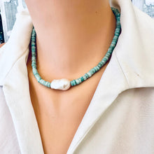 Load image into Gallery viewer, Amazonite and white baroque pearl necklace worn by mannequin, frontal close-up
