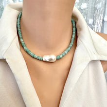 Load image into Gallery viewer, Amazonite and white baroque pearl necklace displayed on mannequin highlighting faceted amazonite beads