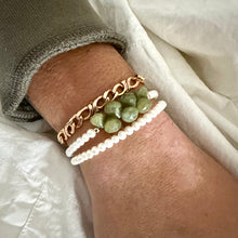 Load image into Gallery viewer, Double wrap pearl bracelet with olive green Vesuvianite, showcasing creamy pearls and earthy green tones.