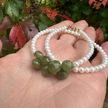 Load image into Gallery viewer, Double wrap pearl bracelet featuring creamy pearls and olive green Vesuvianite gemstones.