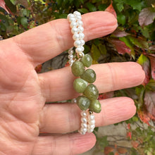 Load image into Gallery viewer, Double wrap pearl bracelet featuring freshwater pearls and olive green Vesuvianite gemstones.