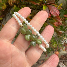 Load image into Gallery viewer, Double wrap pearl bracelet featuring creamy freshwater pearls and olive-green Vesuvianite gemstones.