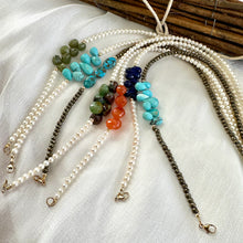 Load image into Gallery viewer, Double wrap pearl bracelet with green chrysoprase next to other gemstone bracelets available from Loulia Pearl Jewelry