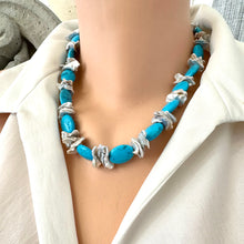 Load image into Gallery viewer, Chunky turquoise and silver grey keshi pearl necklace on mannequin, front view