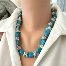 Load image into Gallery viewer, Close frontal view of chunky turquoise and silver grey keshi pearl necklace showing turquoise beads and keshi pearls