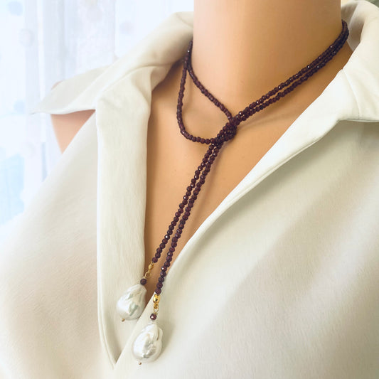 Red Garnet Lariat Necklace on model showing wrap styling and baroque pearl drop