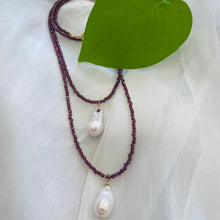 Load image into Gallery viewer, Red garnet baroque pearl necklace featuring red garnet beads and two exquisite Baroque pearl pendants.