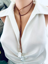 Load image into Gallery viewer, Hessonite Garnet and Baroque Pearl Lariat Necklace styled double wrap on mannequin, handcrafted gemstone jewelry from Canada.