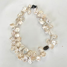 Load image into Gallery viewer, Bridal Petal Pearl Necklace featuring luminous freshwater keshi pearls in oxidized silver and pavé diamond design.
