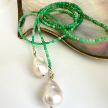 Charger l'image dans la galerie, Close-up of Apple Green Chrysoprase Lariat Necklace on white background — faceted gemstones and baroque pearls handcrafted by Loulia Pearl Jewelry