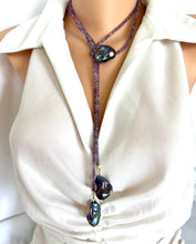 Charger l'image dans la galerie, Amethyst and Black Baroque Pearl Lariat Necklace on mannequin — handcrafted gemstone and pearl jewelry by Loulia Pearl Jewelry