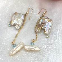 Charger l'image dans la galerie, Close-up of boho pearl earrings gold filled on white background — square keshi pearls with blue topaz accents handcrafted in Canada