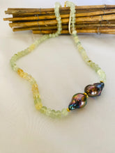 Charger l'image dans la galerie, Prehnite and Black Baroque Pearl Necklace | Handcrafted Candy Design featuring green prehnite beads and black baroque pearls.