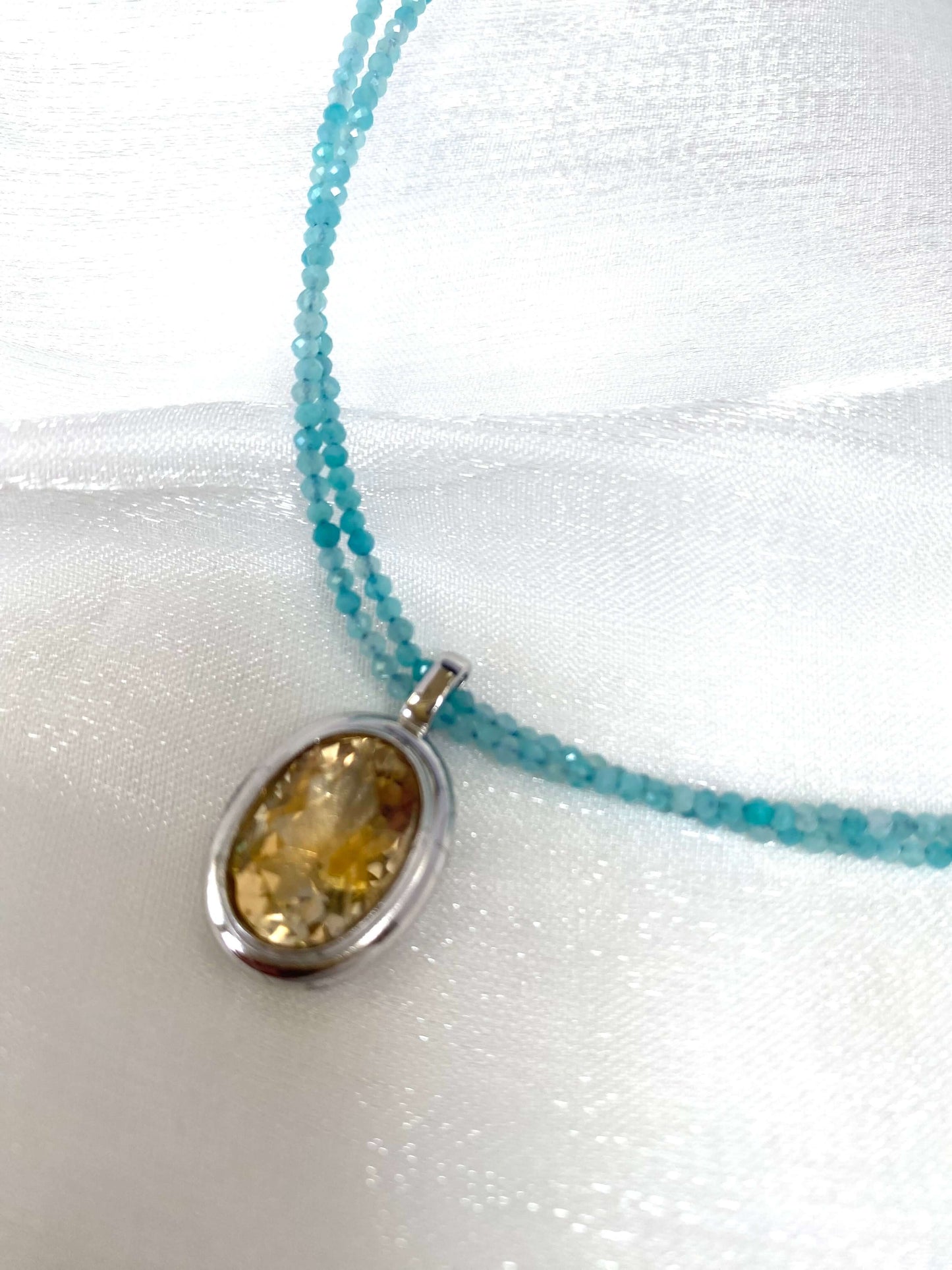 Blue Amazonite Citrine Pendant Necklace showcasing a yellow citrine gemstone pendant and double-strand design.