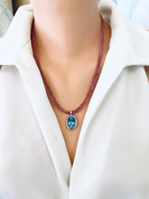 Charger l'image dans la galerie, Pink Tourmaline Blue Topaz Pendant displayed on a model, showcasing the double strand design by Loulia Pearl Jewelry.