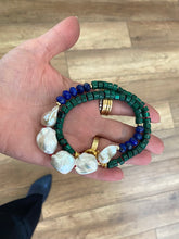 Charger l'image dans la galerie, Malachite Lapis Lazuli Baroque Pearl Necklace viewed from top in hand, handmade gemstone jewelry from Canada.