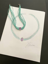 Charger l'image dans la galerie, Amethyst Amazonite Choker Necklace – 8-Strand Twisted Gemstone Collar with sketch on paper.