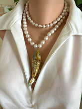 Load image into Gallery viewer, gold tone cloisonne fish pendant on long freshwater baroque pearl necklace. on this picture it is worn double short and attached with a back clasp we provide