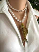 Load image into Gallery viewer, White Baroque Pearl Necklace with Cloisonné Fish Pendant, 9–11mm Hand Knotted Pearls, 32" or 34"
