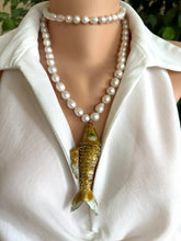 Load image into Gallery viewer, White Baroque Pearl Necklace with Cloisonné Fish Pendant, 9–11mm Hand Knotted Pearls, 32" or 34"
