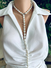 Load image into Gallery viewer, White Edison Baroque Pearl Y Necklace, 9–12mm Hand Knotted, 29", Rhodium Silver Clasp