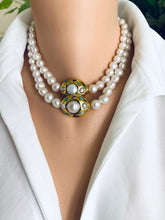 Load image into Gallery viewer, White Pearl Necklace, 9–11mm, Gold Plated Focal Accent, Magnetic Clasp, 16"–18"