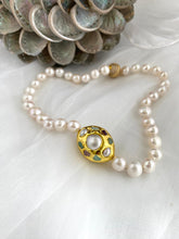 Load image into Gallery viewer, White Pearl Necklace, 9–11mm, Gold Plated Focal Accent, Magnetic Clasp, 16"–18"