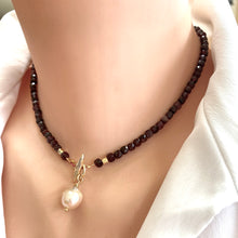 Load image into Gallery viewer, Garnet toggle necklace featuring faceted garnet cube beads and a baroque pearl charm for elegant style.