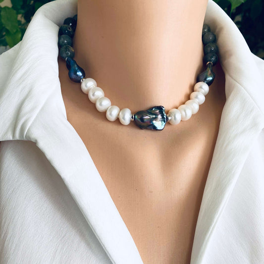 Labradorite pearl necklace featuring baroque and coin pearls displayed elegantly on a mannequin's neck.