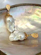 Charger l'image dans la galerie, Close-up of Baroque Pearl Gold Vermeil Earrings on white pearl backdrop — handcrafted statement jewelry by Loulia Pearl Jewelry