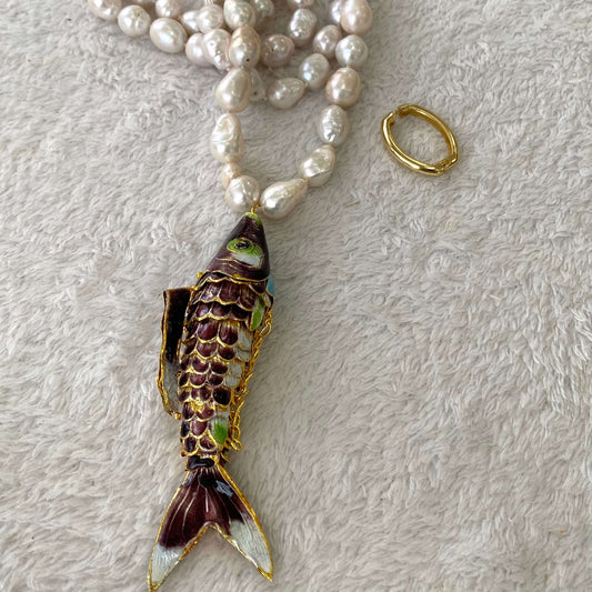 Koi fish pearl necklace with burgundy cloisonné pendant and hand-knotted baroque pearls.