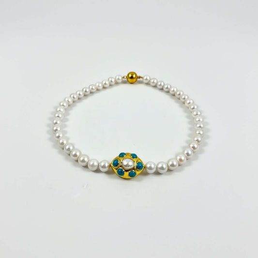 metallic silver white edison pearl necklace hand knotted with turquoise accent