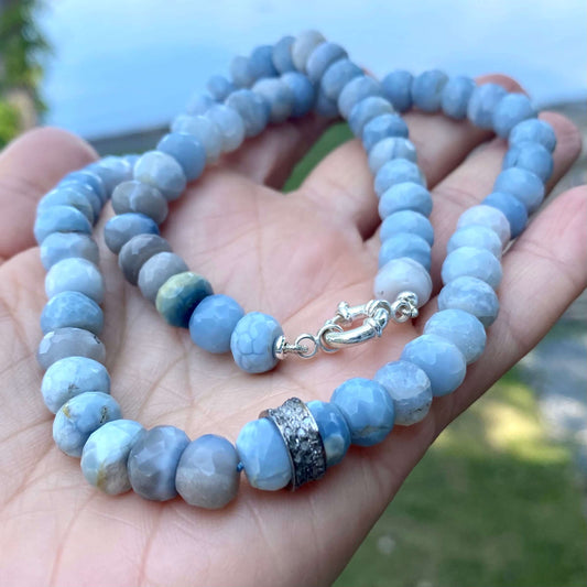 Boulder opal diamond necklace showing faceted blue grey boulder opal beads