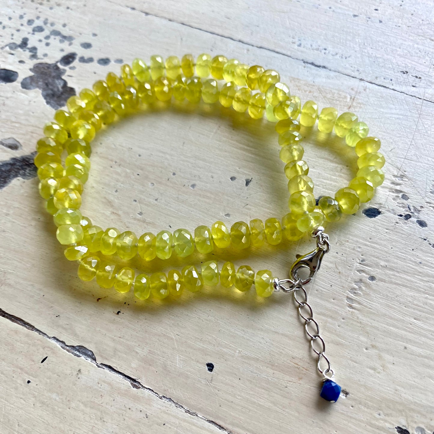 Yellow Green Chalcedony Necklace — Handmade in Canada, featuring vibrant yellow-green gemstones and a lobster clasp.
