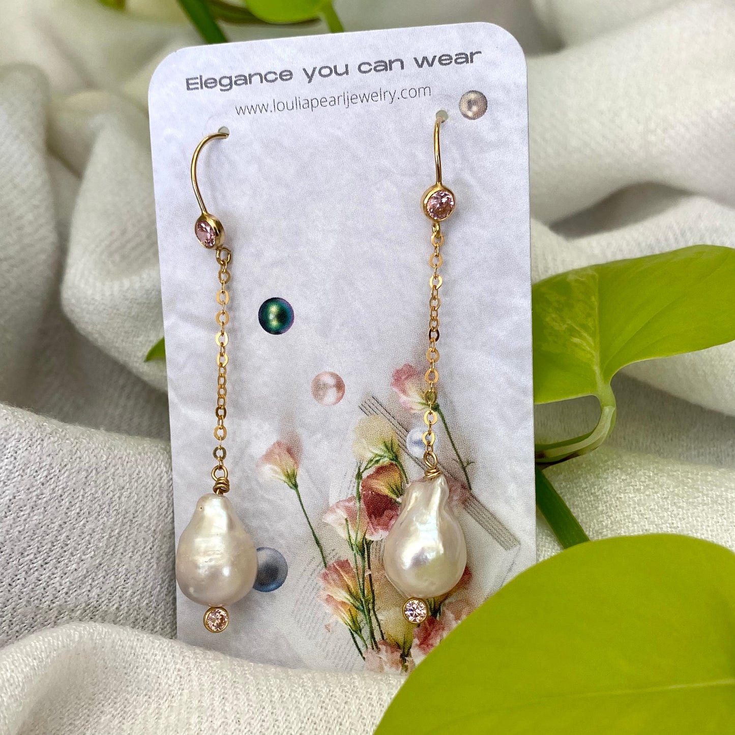 Baroque Pearl Long Earrings & Pink Cz