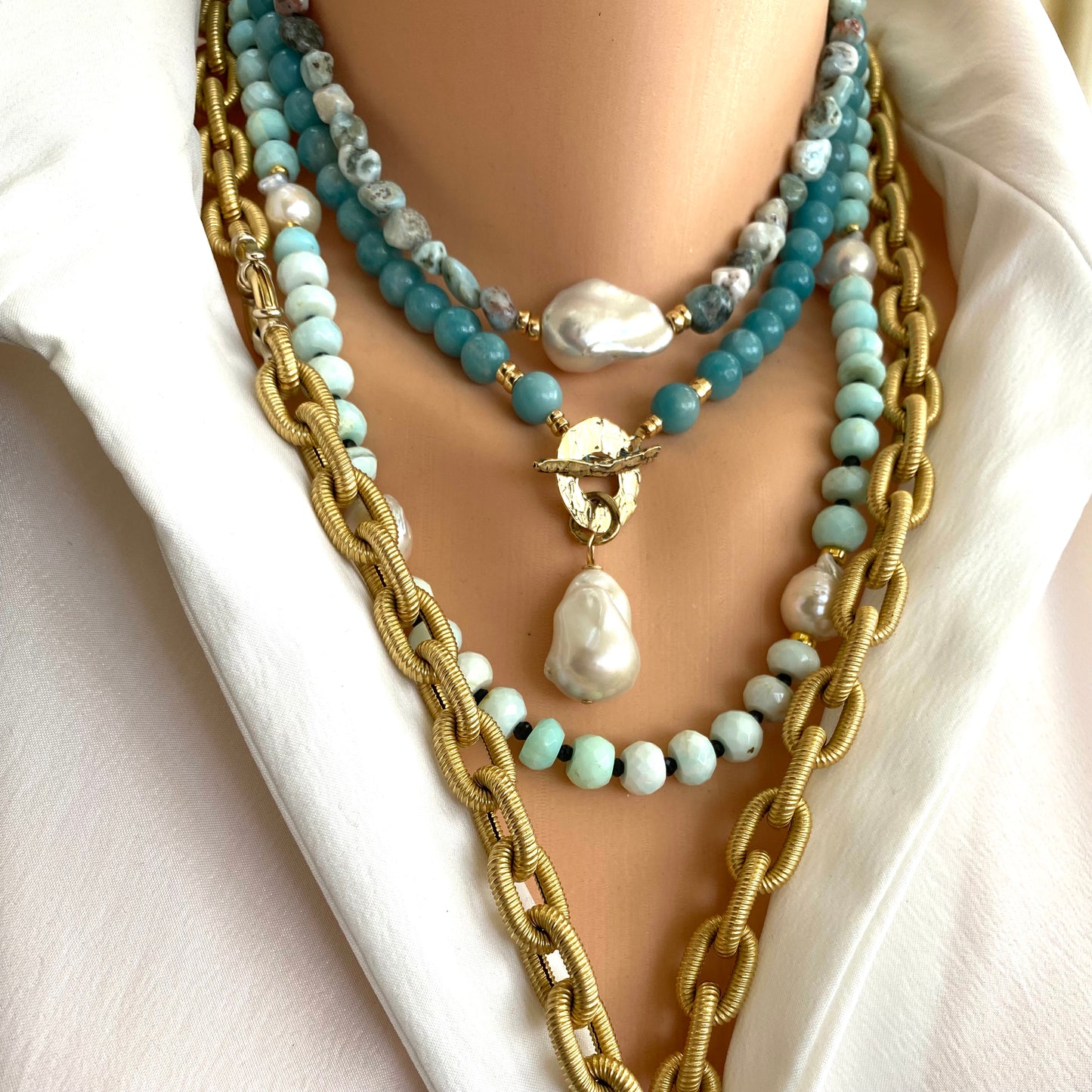 Blue Amazonite & White Baroque Pearl Necklace