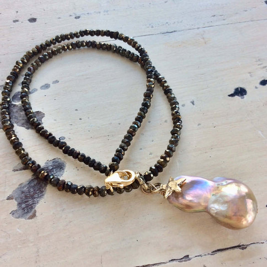 Baroque Pearl Pendant on Bronze Pyrite Chain