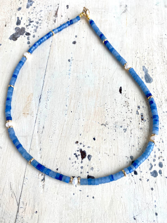 Multi gemstone choker necklaces featuring blue aventurine beads and gold plated details