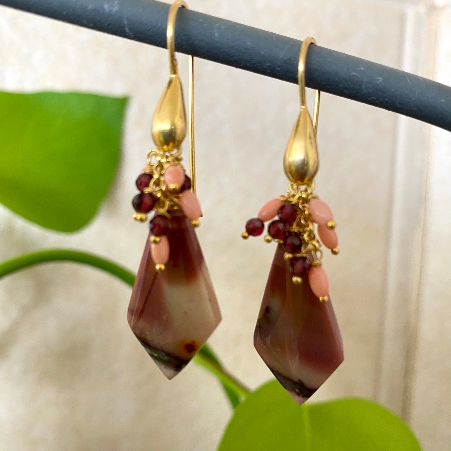 Jasper cluster earrings with Mookaite and garnet showcasing unique patterns and earthy tones, handcrafted jewelry.