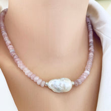 Load image into Gallery viewer, Rose quartz pearl necklace worn on neckline with Madagascar rose quartz and baroque pearl, handmade in Canada