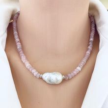 Load image into Gallery viewer, Rose quartz pearl necklace worn on neckline highlighting soft pink gemstone beads and baroque pearl, handmade in Canada